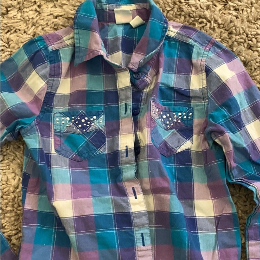 Purple blue plaid button down shirt
